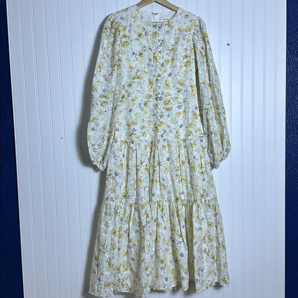 JUST ME LONG SLEEVE BUTTON UP TIERED EYELET FLORAL MIDI DRESS M - Picture 11 of 12